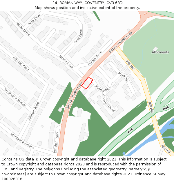 14, ROMAN WAY, COVENTRY, CV3 6RD: Location map and indicative extent of plot