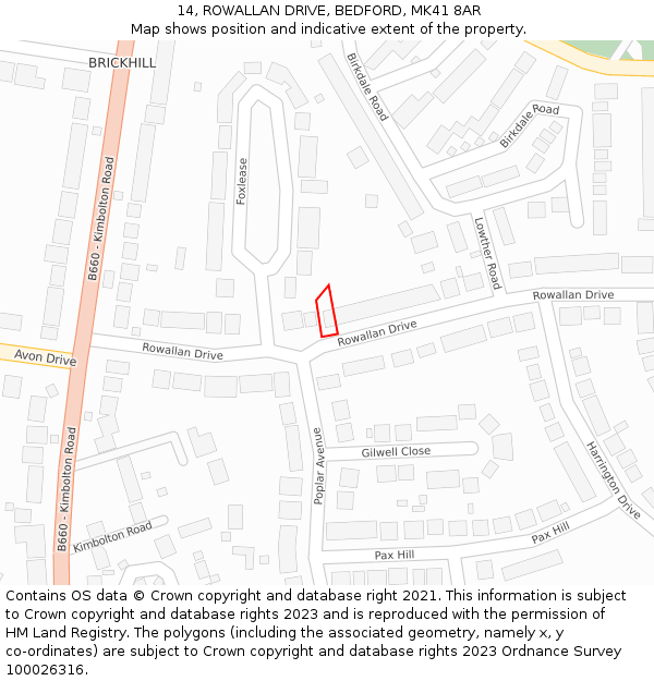 14, ROWALLAN DRIVE, BEDFORD, MK41 8AR: Location map and indicative extent of plot