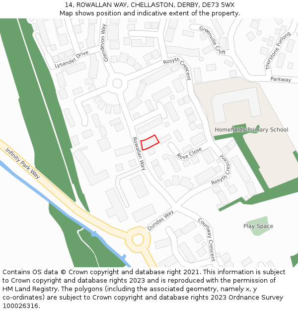 14, ROWALLAN WAY, CHELLASTON, DERBY, DE73 5WX: Location map and indicative extent of plot
