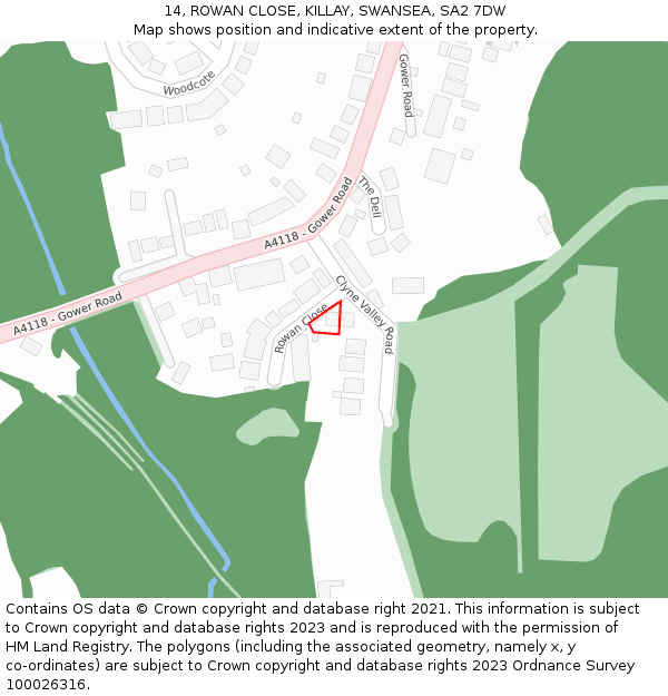 14, ROWAN CLOSE, KILLAY, SWANSEA, SA2 7DW: Location map and indicative extent of plot