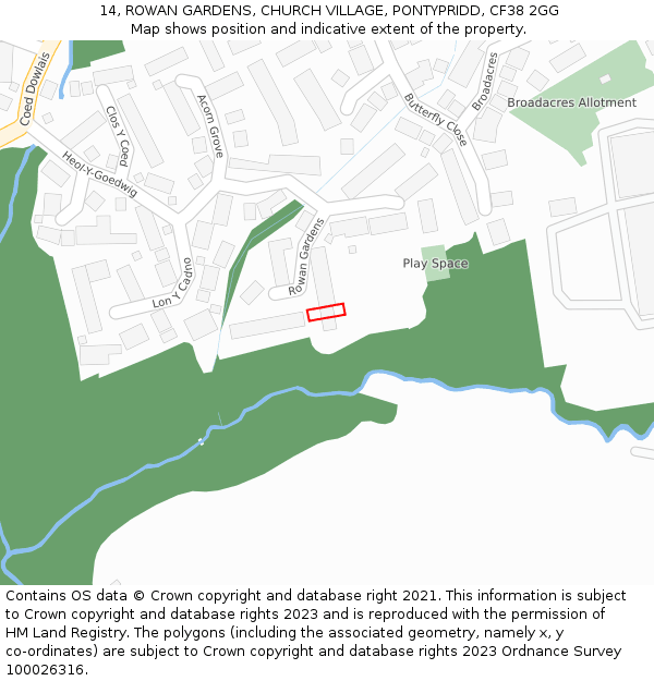 14, ROWAN GARDENS, CHURCH VILLAGE, PONTYPRIDD, CF38 2GG: Location map and indicative extent of plot