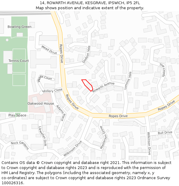 14, ROWARTH AVENUE, KESGRAVE, IPSWICH, IP5 2FL: Location map and indicative extent of plot
