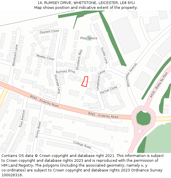 14, RUMSEY DRIVE, WHETSTONE, LEICESTER, LE8 6YU: Location map and indicative extent of plot