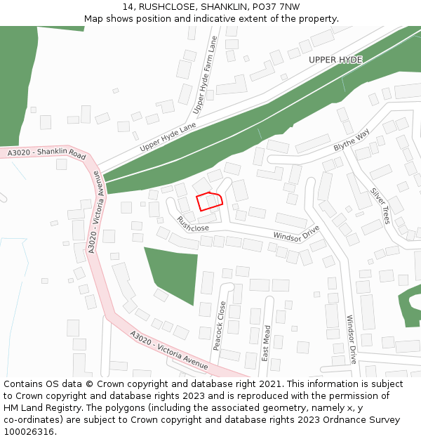 14, RUSHCLOSE, SHANKLIN, PO37 7NW: Location map and indicative extent of plot