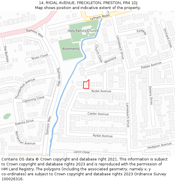 14, RYDAL AVENUE, FRECKLETON, PRESTON, PR4 1DJ: Location map and indicative extent of plot