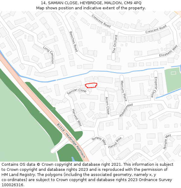 14, SAMIAN CLOSE, HEYBRIDGE, MALDON, CM9 4PQ: Location map and indicative extent of plot