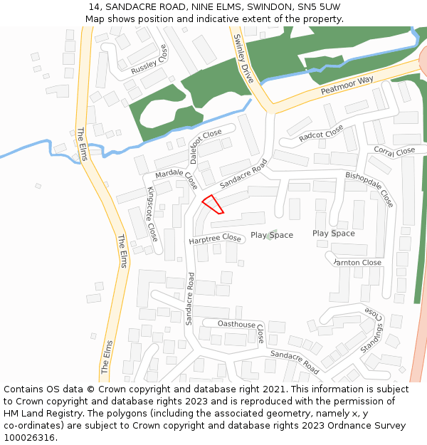 14, SANDACRE ROAD, NINE ELMS, SWINDON, SN5 5UW: Location map and indicative extent of plot