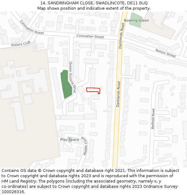 14, SANDRINGHAM CLOSE, SWADLINCOTE, DE11 0UQ: Location map and indicative extent of plot