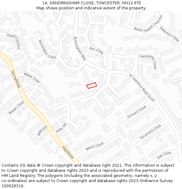 14, SANDRINGHAM CLOSE, TOWCESTER, NN12 6TE: Location map and indicative extent of plot