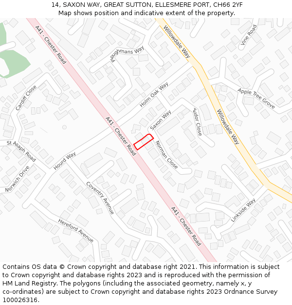 14, SAXON WAY, GREAT SUTTON, ELLESMERE PORT, CH66 2YF: Location map and indicative extent of plot