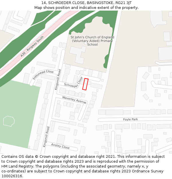 14, SCHROEDER CLOSE, BASINGSTOKE, RG21 3JT: Location map and indicative extent of plot