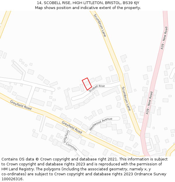 14, SCOBELL RISE, HIGH LITTLETON, BRISTOL, BS39 6JY: Location map and indicative extent of plot
