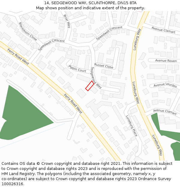14, SEDGEWOOD WAY, SCUNTHORPE, DN15 8TA: Location map and indicative extent of plot