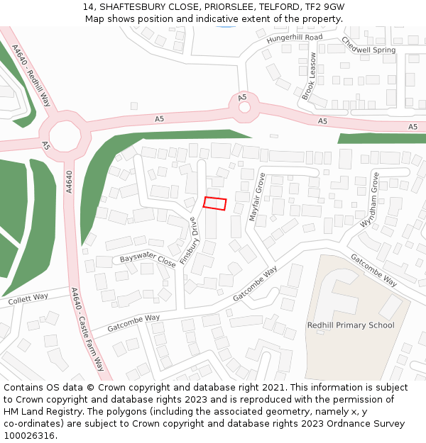 14, SHAFTESBURY CLOSE, PRIORSLEE, TELFORD, TF2 9GW: Location map and indicative extent of plot