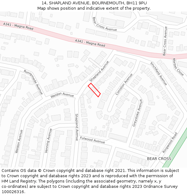 14, SHAPLAND AVENUE, BOURNEMOUTH, BH11 9PU: Location map and indicative extent of plot