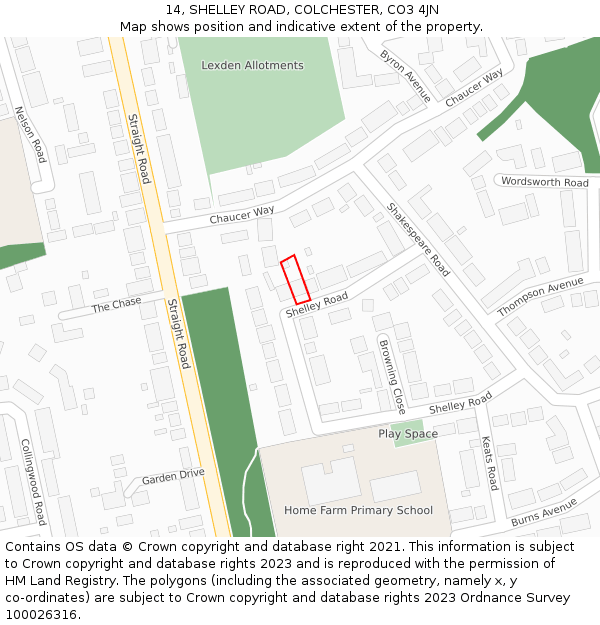 14, SHELLEY ROAD, COLCHESTER, CO3 4JN: Location map and indicative extent of plot