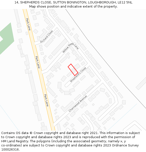 14, SHEPHERDS CLOSE, SUTTON BONINGTON, LOUGHBOROUGH, LE12 5NL: Location map and indicative extent of plot