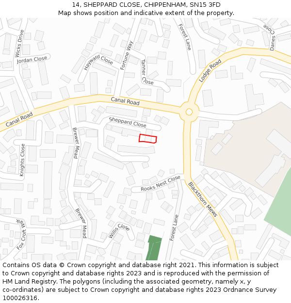14, SHEPPARD CLOSE, CHIPPENHAM, SN15 3FD: Location map and indicative extent of plot