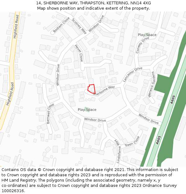 14, SHERBORNE WAY, THRAPSTON, KETTERING, NN14 4XG: Location map and indicative extent of plot