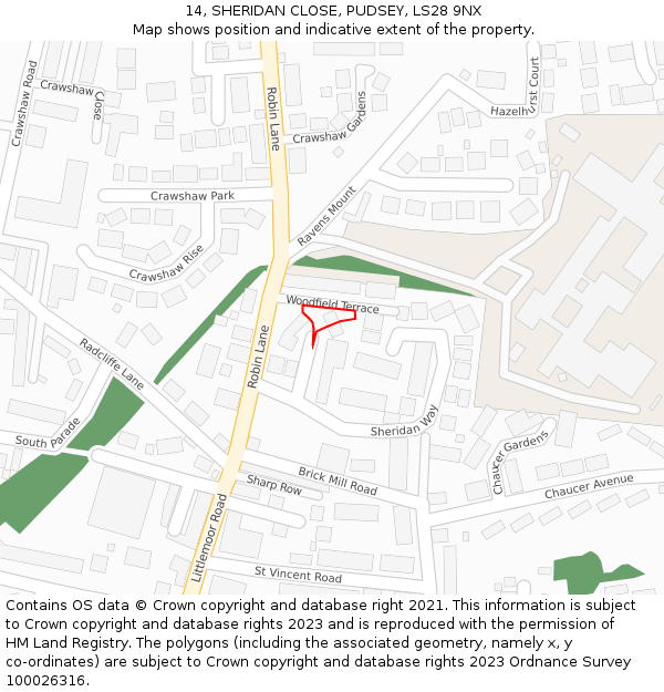 14, SHERIDAN CLOSE, PUDSEY, LS28 9NX: Location map and indicative extent of plot