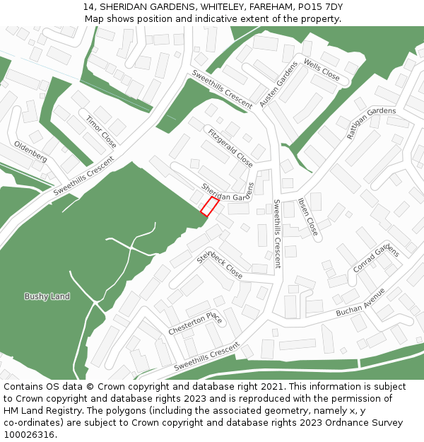 14, SHERIDAN GARDENS, WHITELEY, FAREHAM, PO15 7DY: Location map and indicative extent of plot