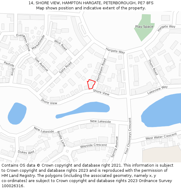 14, SHORE VIEW, HAMPTON HARGATE, PETERBOROUGH, PE7 8FS: Location map and indicative extent of plot