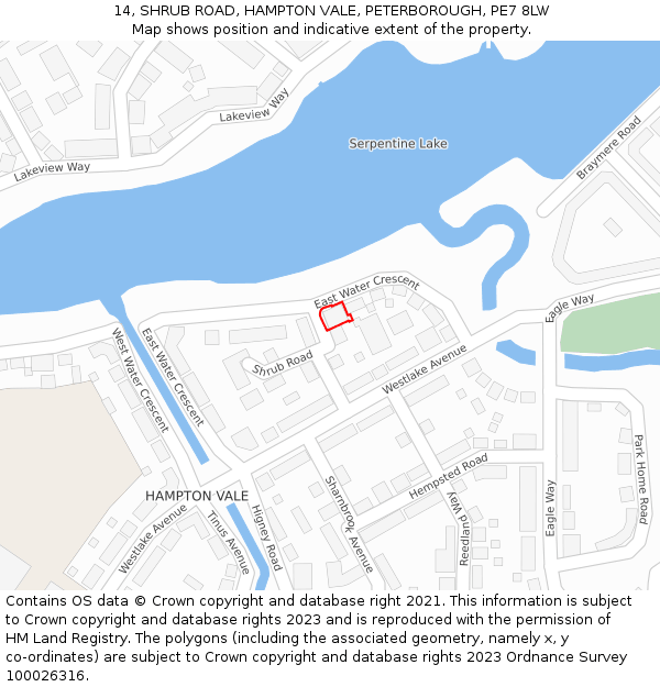 14, SHRUB ROAD, HAMPTON VALE, PETERBOROUGH, PE7 8LW: Location map and indicative extent of plot