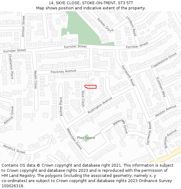 14, SKYE CLOSE, STOKE-ON-TRENT, ST3 5TT: Location map and indicative extent of plot