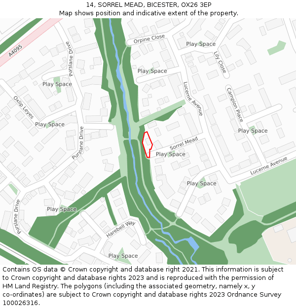 14, SORREL MEAD, BICESTER, OX26 3EP: Location map and indicative extent of plot