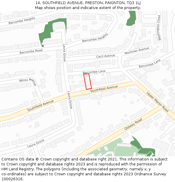14, SOUTHFIELD AVENUE, PRESTON, PAIGNTON, TQ3 1LJ: Location map and indicative extent of plot