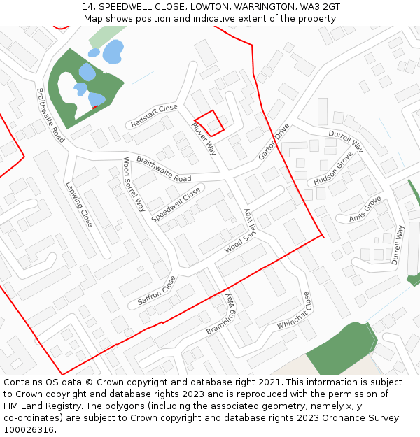 14, SPEEDWELL CLOSE, LOWTON, WARRINGTON, WA3 2GT: Location map and indicative extent of plot