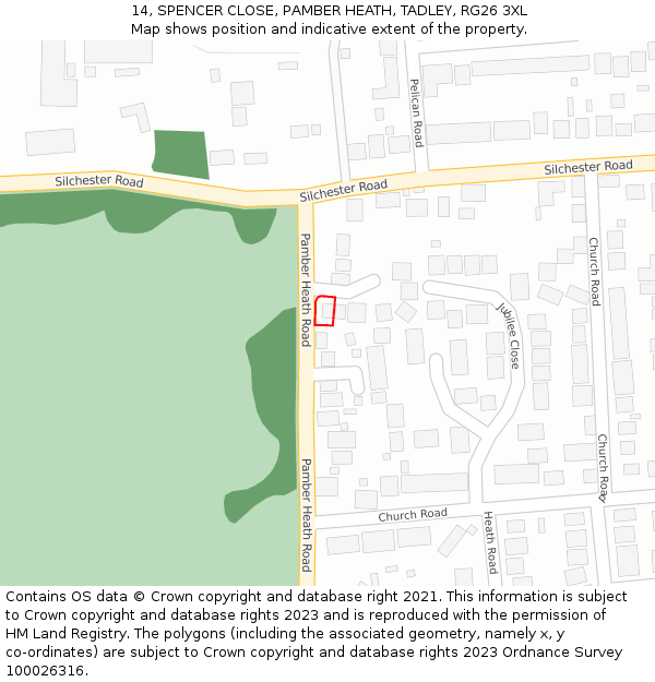 14, SPENCER CLOSE, PAMBER HEATH, TADLEY, RG26 3XL: Location map and indicative extent of plot