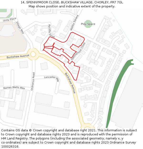 14, SPENNYMOOR CLOSE, BUCKSHAW VILLAGE, CHORLEY, PR7 7GL: Location map and indicative extent of plot