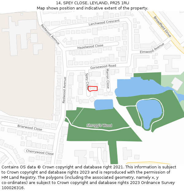 14, SPEY CLOSE, LEYLAND, PR25 1RU: Location map and indicative extent of plot