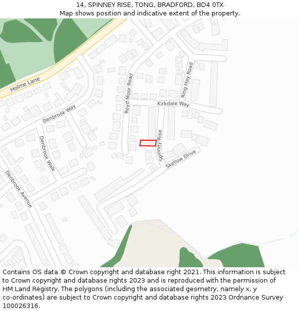 14, SPINNEY RISE, TONG, BRADFORD, BD4 0TX: Location map and indicative extent of plot