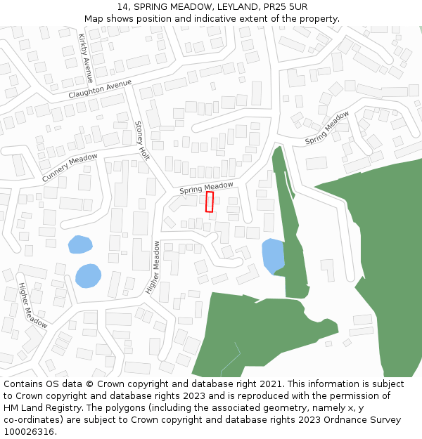 14, SPRING MEADOW, LEYLAND, PR25 5UR: Location map and indicative extent of plot
