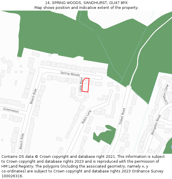 14, SPRING WOODS, SANDHURST, GU47 8PX: Location map and indicative extent of plot