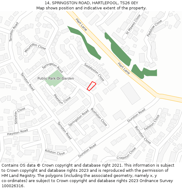 14, SPRINGSTON ROAD, HARTLEPOOL, TS26 0EY: Location map and indicative extent of plot