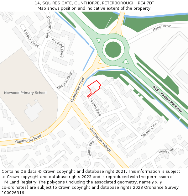 14, SQUIRES GATE, GUNTHORPE, PETERBOROUGH, PE4 7BT: Location map and indicative extent of plot