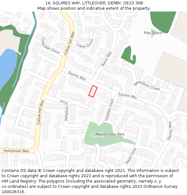14, SQUIRES WAY, LITTLEOVER, DERBY, DE23 3XB: Location map and indicative extent of plot