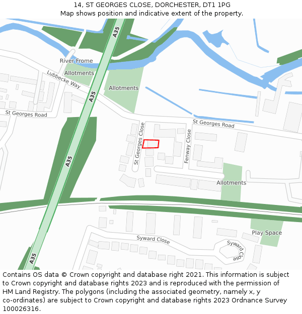 14, ST GEORGES CLOSE, DORCHESTER, DT1 1PG: Location map and indicative extent of plot