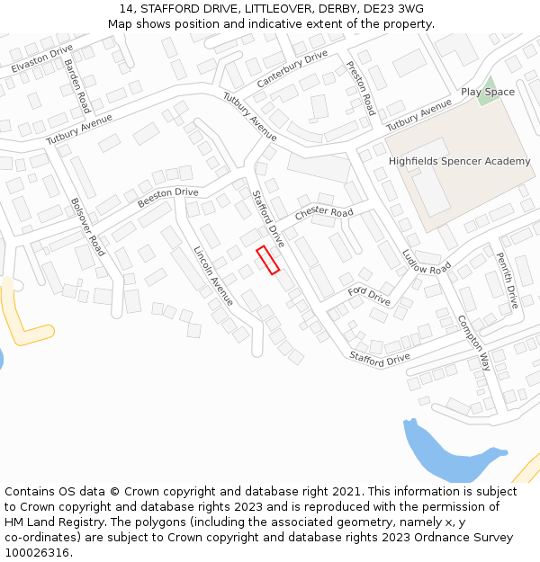 14, STAFFORD DRIVE, LITTLEOVER, DERBY, DE23 3WG: Location map and indicative extent of plot