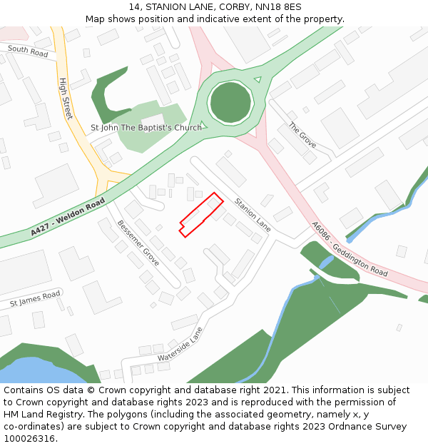 14, STANION LANE, CORBY, NN18 8ES: Location map and indicative extent of plot