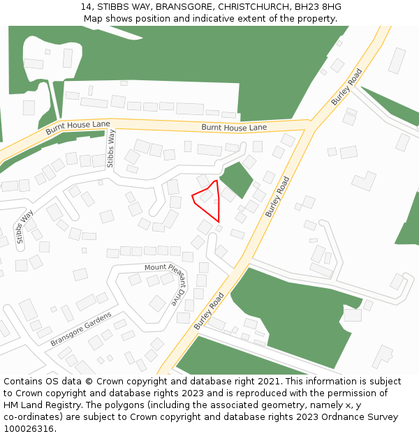 14, STIBBS WAY, BRANSGORE, CHRISTCHURCH, BH23 8HG: Location map and indicative extent of plot