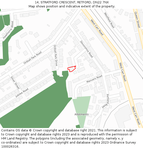 14, STRATFORD CRESCENT, RETFORD, DN22 7NX: Location map and indicative extent of plot