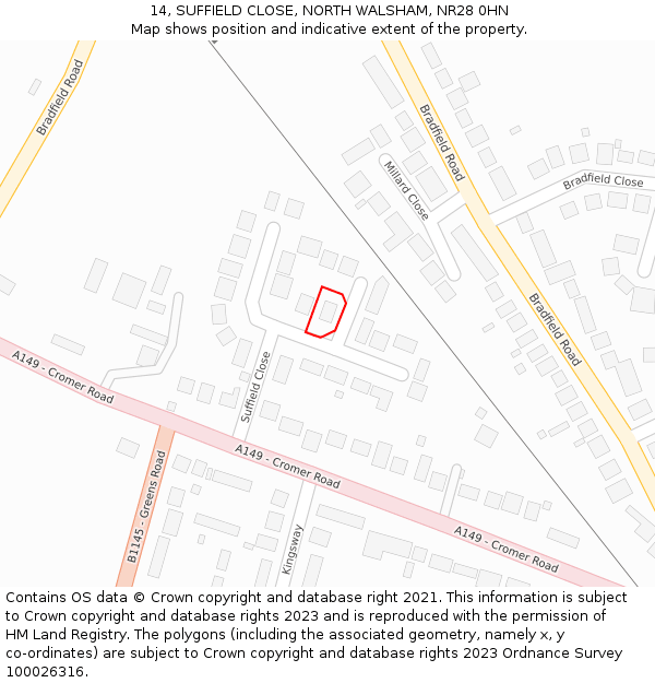 14, SUFFIELD CLOSE, NORTH WALSHAM, NR28 0HN: Location map and indicative extent of plot