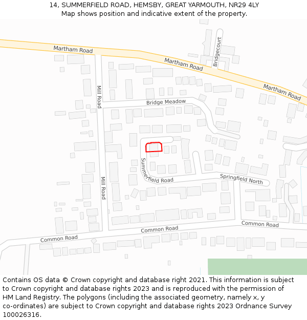 14, SUMMERFIELD ROAD, HEMSBY, GREAT YARMOUTH, NR29 4LY: Location map and indicative extent of plot