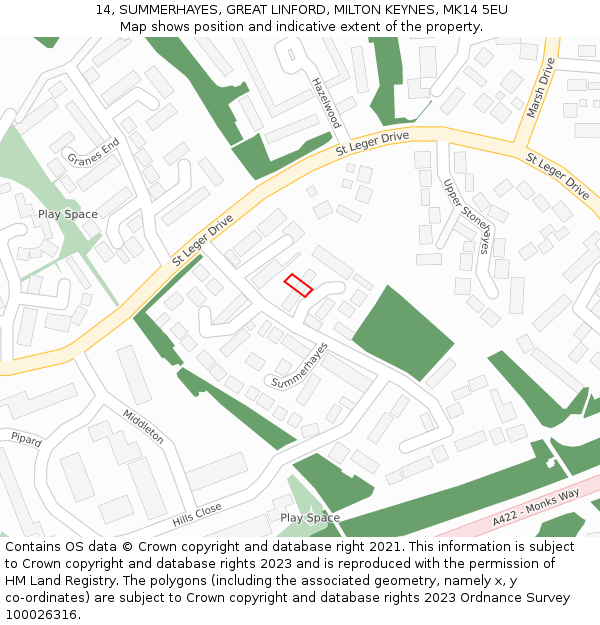 14, SUMMERHAYES, GREAT LINFORD, MILTON KEYNES, MK14 5EU: Location map and indicative extent of plot