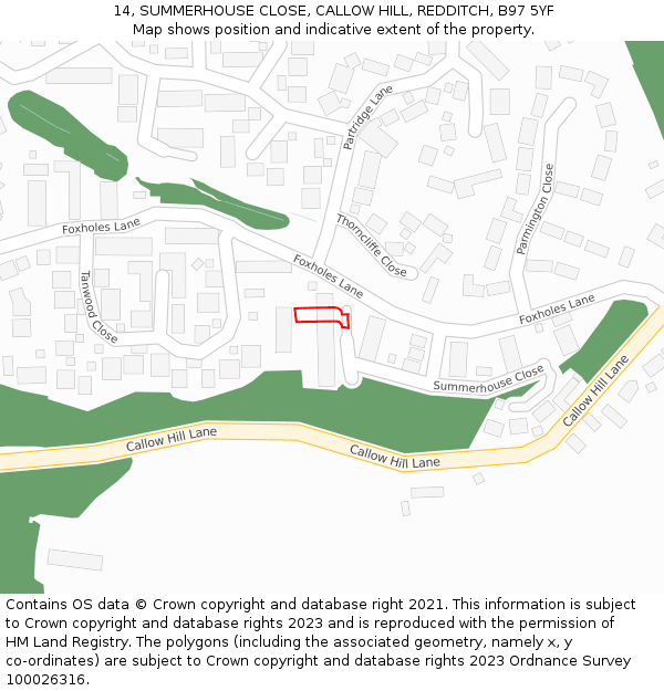 14, SUMMERHOUSE CLOSE, CALLOW HILL, REDDITCH, B97 5YF: Location map and indicative extent of plot