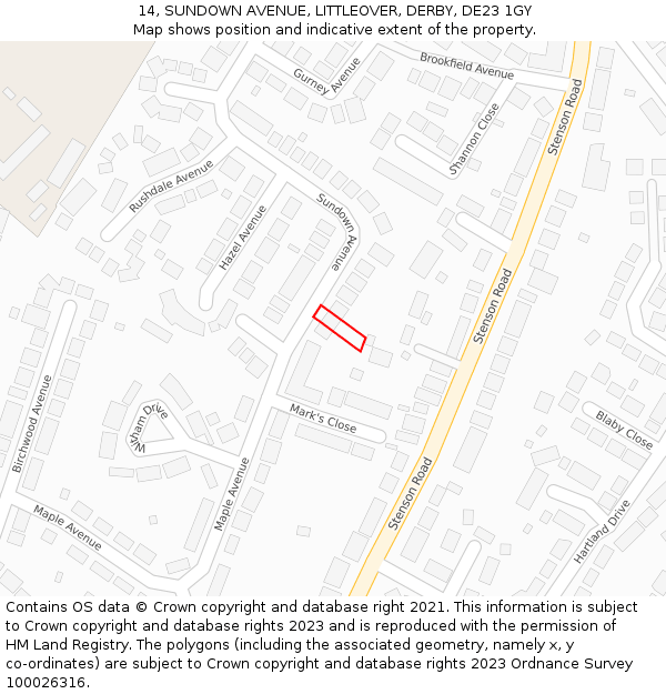14, SUNDOWN AVENUE, LITTLEOVER, DERBY, DE23 1GY: Location map and indicative extent of plot